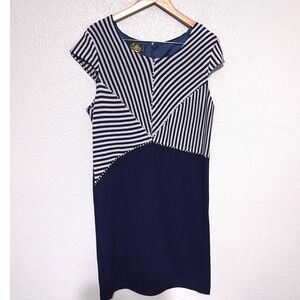 Elite Champagne Women's Navy White Striped Sheath Dress Size 16 Bling Rhinestone